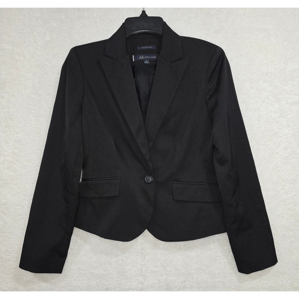 AK Anne Klein Black Stretch One Button Blazer Jacket Women Size 2‎